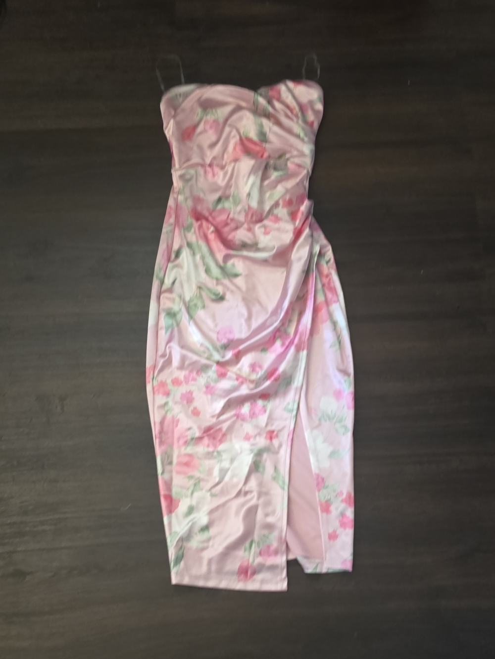 Lovely Day Pink Floral Strapless Midi Dress with Green Accents